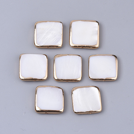 ARRICRAFT Edge Golden Plated Freshwater Shell Beads, Square, Seashell Color, 14~15x14.5x3mm, Hole: 0.8mm