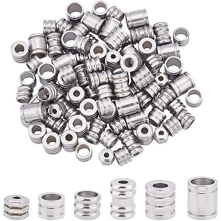 UNICRAFTALE About 96Pcs 6 Sizes Groove Spacer Beads 202F Stainless Steel Loose Beads Large Hole Hypoallergenic Beads for DIY Bracelets Necklaces Jewelry Making Craft