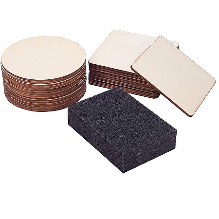PandaHall Elite 27pcs Blank Wooden Slices Wood Circle Square Cutouts Tiles Backing Sheets with Sanding Sponge for Coasters, Painting, Writing, DIY Supplies, Photo Props, Home, Christmas
