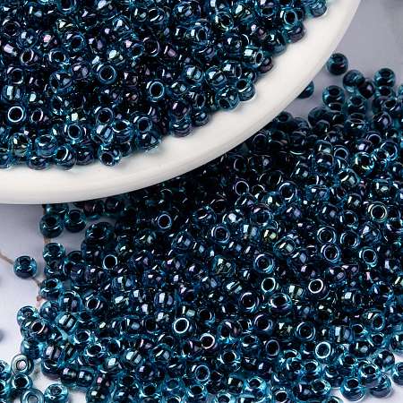 Honeyhandy MIYUKI Round Rocailles Beads, Japanese Seed Beads, 8/0, (RR347) Dark Blue Lined Aqua AB, 3mm, Hole: 1mm, about 422~455pcs/10g