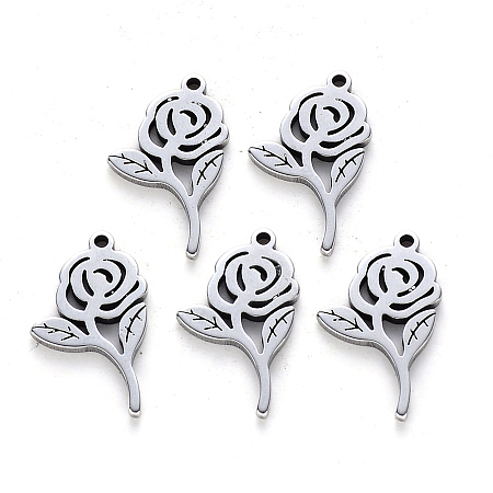 Honeyhandy 304 Stainless Steel Pendants, Laser Cut, Rose, for Valentine's Day, Stainless Steel Color, 16x9x1mm, Hole: 1mm