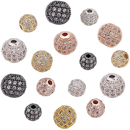 NBEADS 16 Pcs Cubic Zirconia Beads, 4 Colors 6mm/8mm Brass Clear Gemstones Spacer Beads Round Charms Pave Micro CZ Stones Disco Ball Beads for Jewelry Making DIY Craft