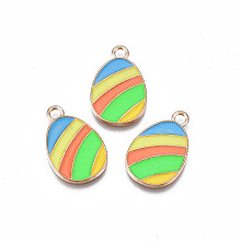 Honeyhandy Alloy Enamel Pendants, Light Gold, Cadmium Free & Lead Free, Easter Egg Shape with Stripe, Colorful, 22x14x1.5mm, Hole: 2mm