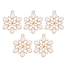 Honeyhandy Barrel Plating Alloy Enamel Pendants, Snowflake Charm, Lead Free & Cadmium Free, Light Gold, White, 29x22.5x2mm, Hole: 1.6mm