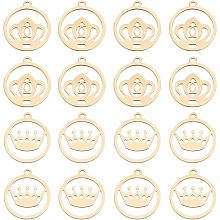 DICOSMETIC 16Pcs 2 Styles Golden Round Crown Charm Hollow Flat Round Pendant Vintage Crown Pendant Vintage King Queen Pendant Stainless Steel Dangle Charm for DIY Jewelry Making Craft, Hole: 1.4mm