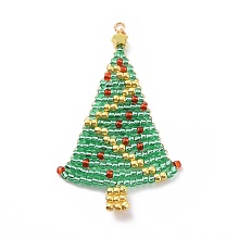 Honeyhandy Handmade TOHO Japanese Loom Pattern Seed Beads, with Golden Brass Wire Wrapped Findings, Christmas Tree Pendants, Medium Sea Green, 54x31x2~2.5mm, Hole: 1.8mm