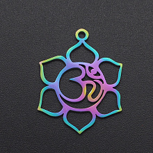 Honeyhandy Ion Plating(IP) 201 Stainless Steel Pendants, Aum/Om Symbol, Laser Cut, Rainbow Color, 24.5x19x1mm, Hole: 1.6mm