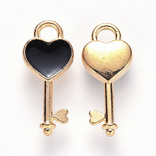 Honeyhandy Alloy Enamel Pendants, Heart Key, Light Gold, Black, 16x7x2.5mm, Hole: 1.8mm