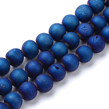 Honeyhandy Electroplated Natural Druzy Geode Agate Bead Strands, Matte Style, Round, Blue Plated, 8~9mm, Hole: 1mm, about 46pcs/strand, 15.3 inch