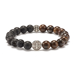 Honeyhandy Natural Bronzite & Lava Rock Round Beads Stretch Bracelet, Stone Bracelet with Jesus Beads for Women, Inner Diameter: 2 inch(5.1cm)