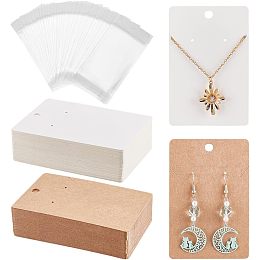 FINGERINSPIRE 100Pcs Rectangle Paper Jewelry Display Card with Hanging Hole 2 Colors Earring Necklace Holder Cards with 100Pcs OPP Cellophane Bags Jewelry Organize Cards for Gift Wrapping 3.5x2.3inch