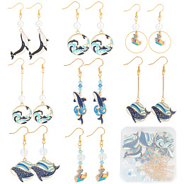 SUNNYCLUE DIY Ocean Theme Dangle Earring Making Kit, Including Alloy Enamel Whale & Wave Pendants, Bicone & Lantern & Imitation Pearl Glass Beads, Brass Earring Hooks, Mixed Color, 104Pcs/box