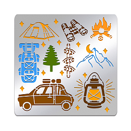 BENECREAT Travel Camping Metal Stencil, Car Lamp Telescope Tent Fire Pattern Stainless Steel Stencils Journal Template for Wood Burning Engraving Painting Scrapbooking, 6x6"