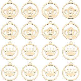 DICOSMETIC 16Pcs 2 Styles Golden Round Crown Charm Hollow Flat Round Pendant Vintage Crown Pendant Vintage King Queen Pendant Stainless Steel Dangle Charm for DIY Jewelry Making Craft, Hole: 1.4mm