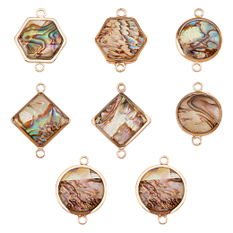 BENECREAT 8Pcs 4 Styles Natural Abalone Shell/Paua Shell Connector Charms, with Golden Tone Brass Findings, Flat Round & Hexagon & Rhombus Shape, Mixed Shapes, 17~21x12~16x4.5~5mm, Hole: 1.6mm, 2pcs/style
