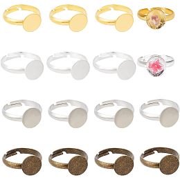 SUPERFINDINGS 64Pcs 4 Colors Brass Pad Ring Base Findings Blank Ring Plated Adjustable Flat Ring 18.9mm Bezel Adjustable Pad Cabochon Base for Jewelry Making, Tray: 10mm