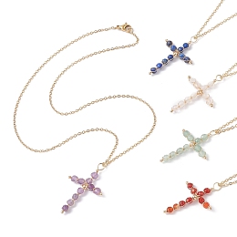 Honeyhandy Natural Mixed Gemstone Beaded Cross Pendant Necklace, Golden Stainless Steel for Women, Mixed Color, 17.52 inch(44.5cm)