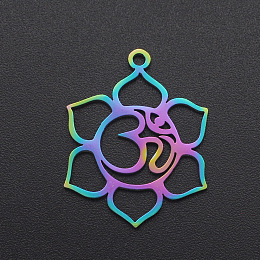 Honeyhandy Ion Plating(IP) 201 Stainless Steel Pendants, Aum/Om Symbol, Laser Cut, Rainbow Color, 24.5x19x1mm, Hole: 1.6mm