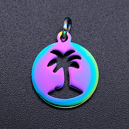 Honeyhandy Ion Plating(IP) 201 Stainless Steel Pendants, with Jump Rings, Flat Round with Coconut Tree, Rainbow Color, 16x13.5x1mm, Jump Ring: 5x0.8mm, Inner Diameter: 3mm,  Jump Ring: 5x0.8mm, Inner Diameter: 3mm