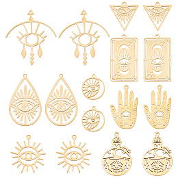 SUNNYCLUE 1 Box 16Pcs Tarot Style Stainless Steel Charms Hamsa Hand Evil Eye Charms Flat Round Sun Moon Charm Rectangle Card Double Sided Hollow Teardrop Charms for Jewelry Making Charm DIY Craft