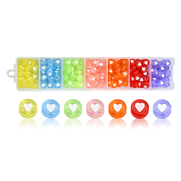 245~266Pcs 7 Colors Transparent Acrylic Beads, Flat Round with White Heart, Mixed Color, 7x3.5mm, Hole: 1.8mm, about 35~38pcs/color