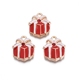 Honeyhandy Christmas Alloy Enamel Pendants, with Rhinestone, Cadmium Free & Lead Free, Light Gold, Christmas Gift, Red, 17.5x15x4mm, Hole: 1.8mm