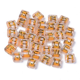 Honeyhandy Transparent Electroplate Acrylic Multi-Strand Links, for Tile Elastic Bracelets Making, Rectangle with Golden Plated Mixed Letter, Clear, 8.5x7.5x4mm, Hole: 1.5mm