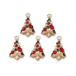 Honeyhandy Rack Plating Alloy Pendants, with Colorful Rhinestone and ABS Plastic Imitation Pearl, Cadmium Free & Nickel Free & Lead Free, Christmas Tree, Light Gold, 21x12.5x3.5mm, Hole: 1.5mm