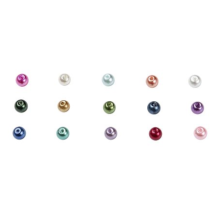 Arricraft 15 Colors Glass Pearl Beads, Pearlized, Round, Mixed Color, 6~7mm, Hole: 1mm, about 15 Colors, 70pcs/color, 1050pcs/box