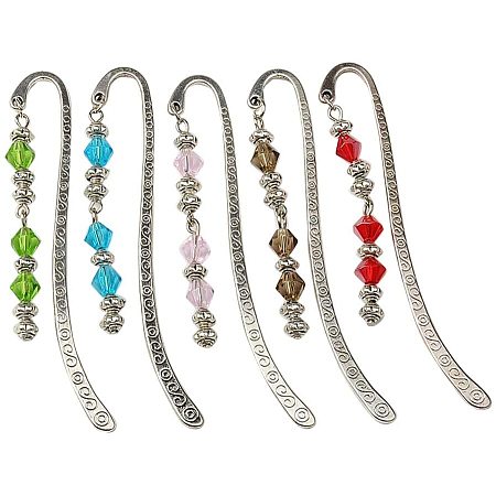 PandaHall Elite 10PCS Alloy Tibetan Style Bookmarks Hairpins with Mixed Color Glass Beads 84mm