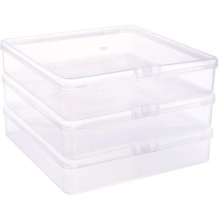 BENECREAT 3 Pack Square Plastic Bead Storage Box 7.08x7.08x1.57 Large Clear Containers Case with Flip-Up Lids for Beads, Coins, Jewelry and Projects Organization