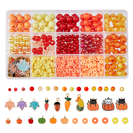 SUPERFINDINGS DIY Autumn Theme Jewelry Making Finding Kit, Including Polymer Clay Disc & Acrylic Beads, Alloy Enamel Pendants, Pumpkin & Flower & Cat & Maple Leaf & Corn & Carrot, Mixed Color, 5~24x5~19x1.5~10mm, Hole: 0.9~2mm, 1202Pcs/box