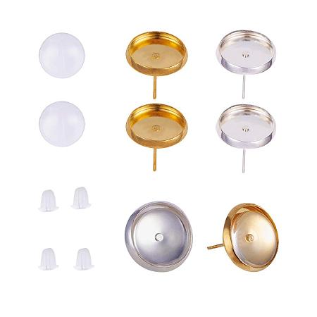 PandaHall Elite 20 Pairs 2 Colors 10mm Flat Round Brass Stud Earring Cabochon Setting Post Cup with 40 pcs Matching Clear Glass Cabochons 60 pcs Ear Nuts for Earring DIY Jewelry Craft Making