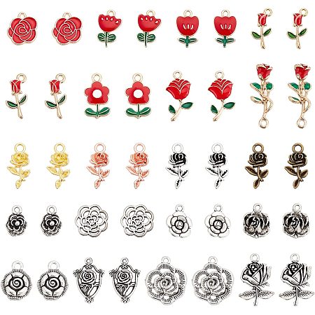 PandaHall Elite 112pcs 21 Styles Rose Flower Charm Pendant Enamel Red Rose Charms Tibetan Silver Alloy Plant Charms Multicolor Metal Rose Charm for DIY Valentine's Day Jewelry Bracelet Necklaces Gifts