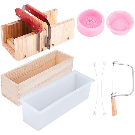 PH PandaHal DIY Soap Making Kits - Wooden Soap Cutter with Wavy Straight Planer Blade, String Cutter Knife, Silicone Soap Loaf Mold Wood Box, 2 Pack Silicone Mold for Handmade Soap DIY Making
