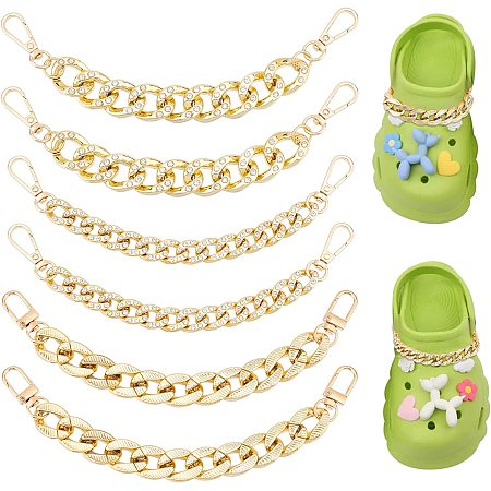 PandaHall Elite 6pcs Shoe Charms Chains, 3 Styles Gold Croc Shoe Charms DIY Hanging Shoe Chains with Snap Clasps for Teen Man Women Adults Clog Sandals Casual Shoes Accessories
