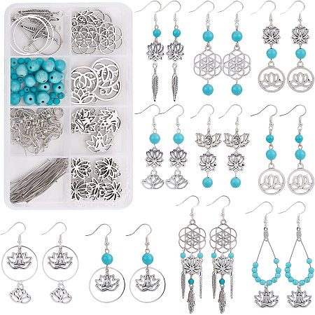 SUNNYCLUE 1 Box DIY 10Pairs Lotus Flower Charms Chakra Energy Yoga OM Charms Earring Making Kit Synthetic Turquoise Beads for Jewelry Making Hamsa Hand Lucky Charm Loose Spacer Bead Adult Instruction