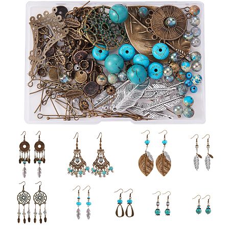 Honeyhandy DIY Retro Charm Drop Earring Making Kit, Including Alloy Pendant & Link & Beads & Bead Cap, Synthetic & Natural Mixed Stone Beads, Glass Beads, Iron Pin & Earring Hook, Brass Pin, Antique Bronze & Antique Silver, Link & Pendant: 34Pcs/set