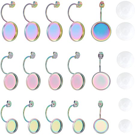UNICRAFTALE 18pcs 3 Sizes Flat Round Stainless Steel Ear Nuts 12/14/16/mm Rainbow Transparent Glass Cabochons Hypoallergenic Earring Backs Earring Components for Earring Making