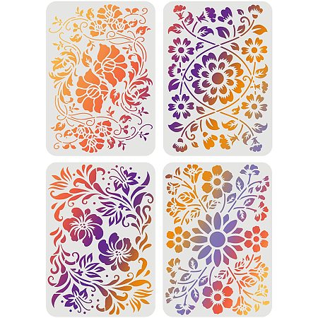 FINGERINSPIRE 4pcs Folklore Floral Stencils, 11.7x8.3 inch Flourish Stencils for Painting, Flower Stencils for Painting on Wood and Canvas, Reusable DIY Art and Craft Plant Stencils