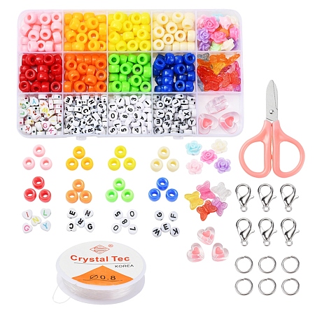 Arricraft DIY Jewelry Making Kits, Including Barrel & Flower & Butterfly & Flat Round & Heart Opaque & Transparent Acrylic Beads, Elastic Thread, Alloy Clasps, Iron Rings and Stainless Steel Scissors, Mixed Color, Beads: 440~480pcs/set