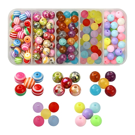 Honeyhandy DIY Beads Jewelry Making Finding Kit, Including 195Pcs 5 Style Acrylic & Resins  Round Beads, Mixed Color, 8mm, Hole: 2mm, 39pcs/style