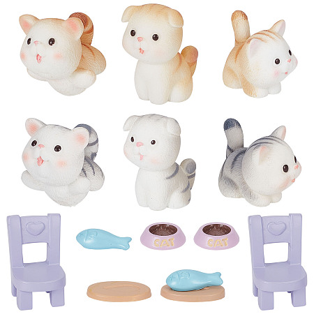 GORGECRAFT 14PCS Miniature Cat Statue Cat Figurines Pet Miniature Figurines Moss Landscape Waterproof Resin Display Fish Chairs Cat Bowls Decorations for Garden Home Party Cake Dollhouse Supplies