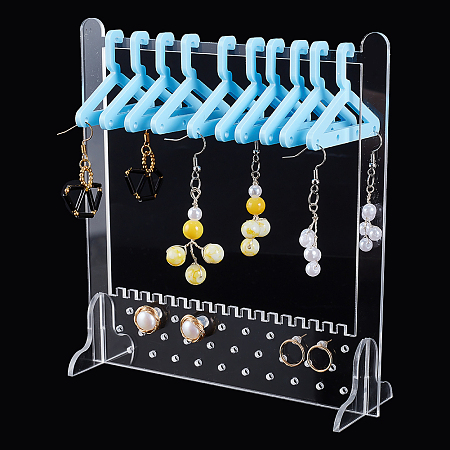 PandaHall Elite 1 Set Acrylic Earring Display Stands, Clothes Hanger Shaped Earring Organizer Holder with 10Pcs Sky Blue Hangers, Clear, Finish Product: 15x5.25x16cm