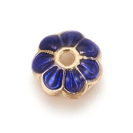 Alloy Enamel Bead Caps, Flower, Multi-Petal, Golden, Blue, 7.5x2.5mm, Hole: 1.2mm