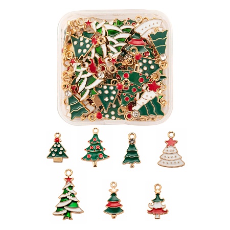 ARRICRAFT 56Pcs/Box 7 Styles Light Gold Alloy Enamel Pendants, Christmas Theme, Christmas Tree, Mixed Color, 8pcs/style