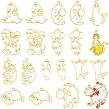 OLYCRAFT 20pcs Cat Theme Open Bezel Charms Lovely Cat Mouse Animal Pendants Alloy Frame Pendants Golden Hollow Resin Frames with Loop for Resin Jewelry Making - 10 Styles