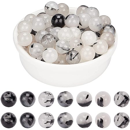 Arricraft About 45 Pcs Natural Stone Beads 8mm, Natural Black Rutilated Quartz Round Beads, Gemstone Loose Beads for Bracelet Necklace Jewelry Making ( Hole: 1mm )