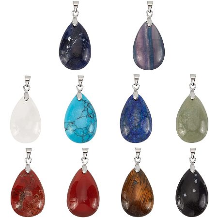 NBEADS 10 Pcs Teardrop Gemstone Pendants, 10 Styles Natural and Synthetic Stones Charms Pendants Waterdrop Crystal Chakra Stone Pendants for Valentine's Day Necklace Jewelry Making