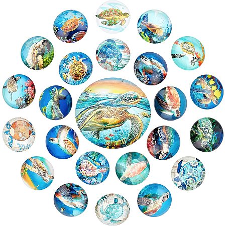 SUNNYCLUE 1 Box 24Pcs 6 Color Ocean Pattern Glass Cabochons Sea Turtle Whale Jellyfish Small Fish Half Round Flat Backed Printed Glass Cabochons for Photo Pendant Jewelry Making